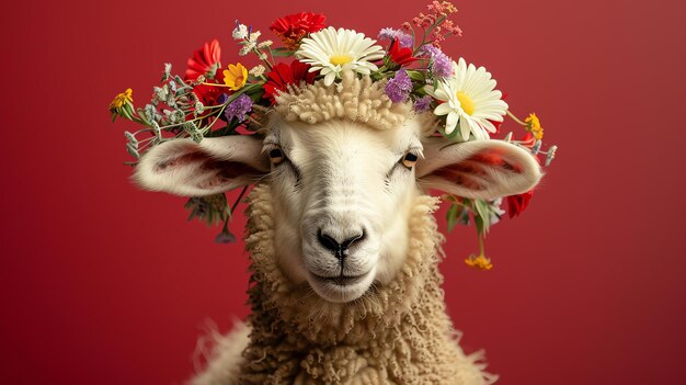 Een schattig en pluizige witte schaap draagt een krans van kleurrijke bloemen op zijn hoofd Het schaap kijkt met een nieuwsgierige uitdrukking naar de camera