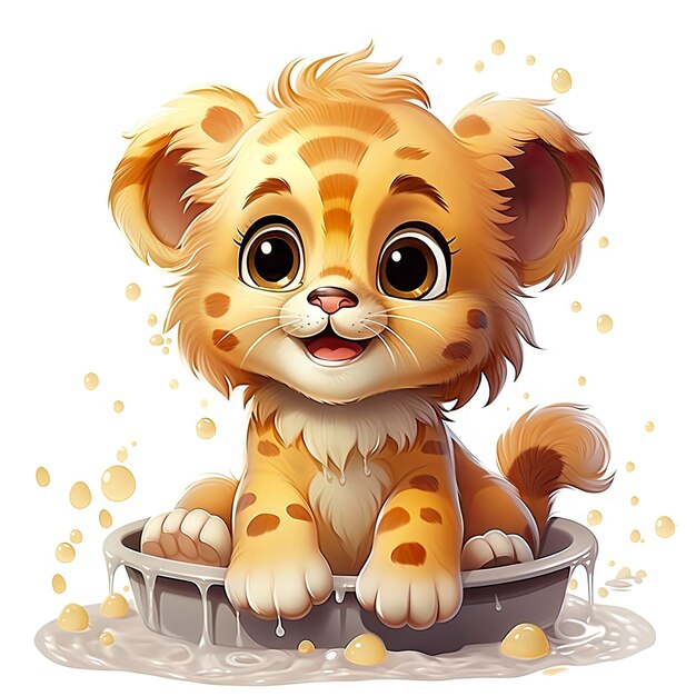 Een schattig geïllustreerd leeuwenkind neemt een bubbelbad dat speelse onschuld en levendige details toont