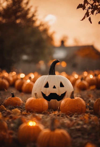 Foto een schattig halloween-spook dat boven een pompoenveld zweeft