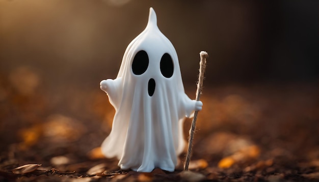 Foto een schattig halloween-spookje dat een kleine bezemsteel vasthoudt