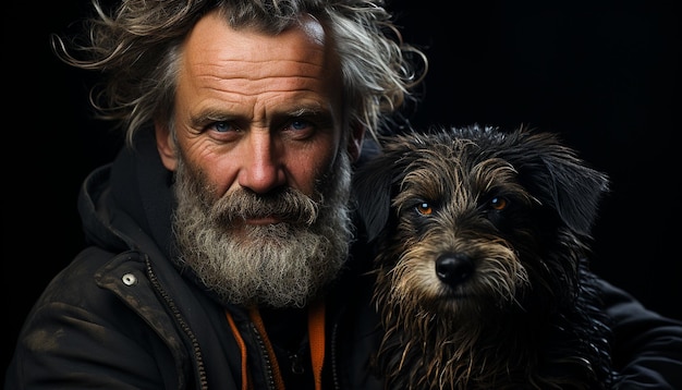 Een schattig hondenportret van een man en zijn harige vriend, gegenereerd door kunstmatige intelligentie