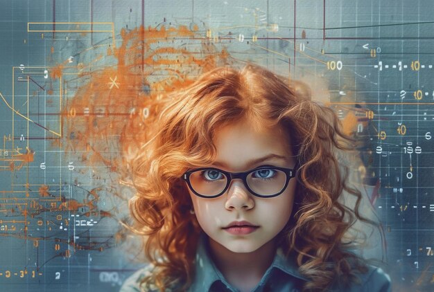 Een schattig jong intelligent en begaafd meisje met een bril met wetenschappelijke symbolen gegenereerd door AI