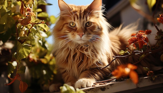 Een schattig katje dat in het gras zit en naar de camera kijkt die wordt gegenereerd door kunstmatige intelligentie