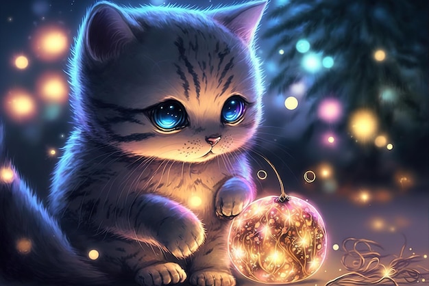 Een schattig katje speelt met een kerstornament
