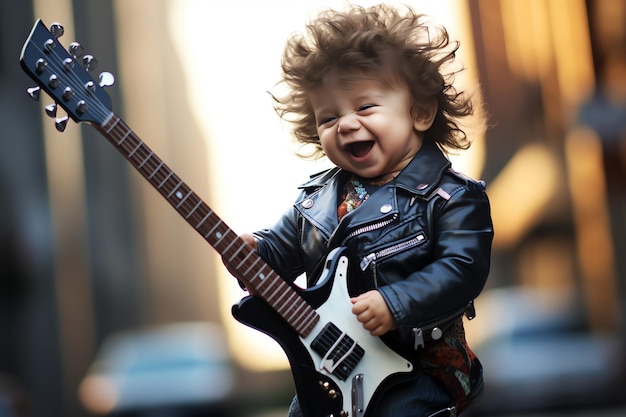 Een schattig kind dat elektrische gitaar speelt