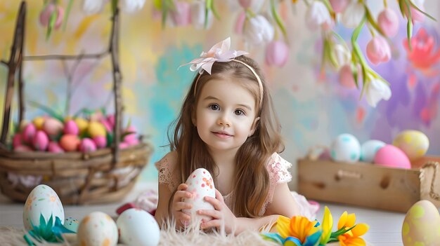 Een schattig kind in een omgeving met een paasthema met kleurrijke eieren en decoraties een feestelijke voorjaarsbeeld perfect voor vakantiemarketing AI