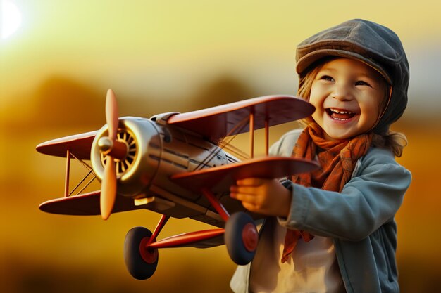 Een schattig kind met een vliegtuig.
