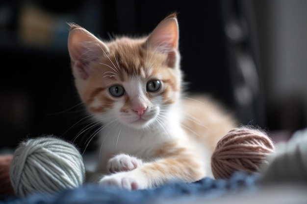 Een schattig kitten dat met een klomp garen speelt.