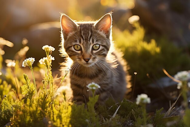 Een schattig kitten dat op een zonnige dag in de natuur loopt.