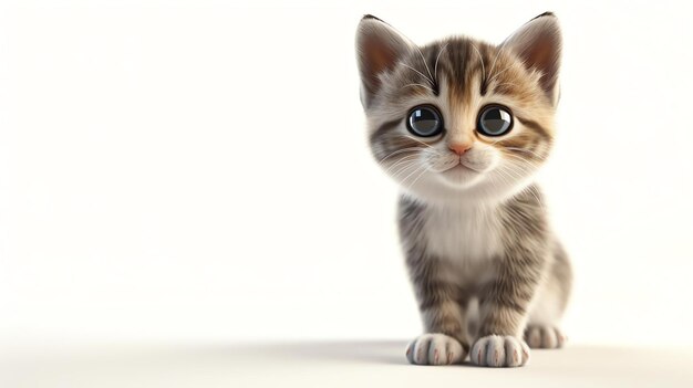 Foto een schattig kitten met grote blauwe ogen zit op een witte achtergrond en kijkt naar de camera. het kitten heeft een zachte vacht en een roze neus.