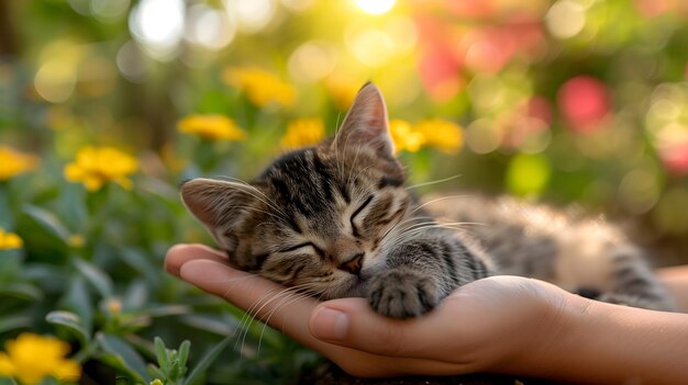 Een schattig kittenje slaapt op een mensenpalm.