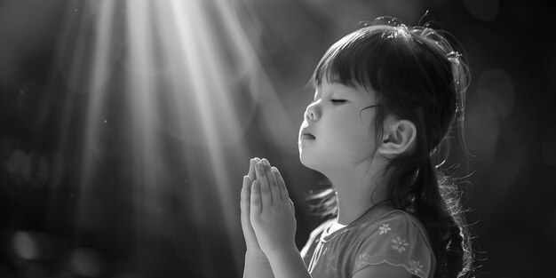 Een schattig klein Aziatisch meisje dat in de tuin bidt Spiritualiteit en religie