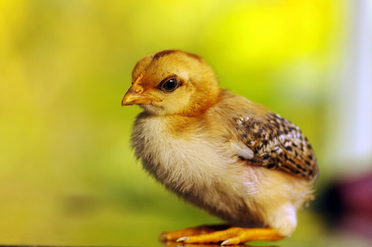 Foto een schattig klein kuiken in ondiepe focus met onscherpe achtergrond