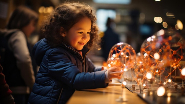 Een schattig klein meisje dat aan een tafel zit en met gloeilampen speelt in het wetenschaps tentoonstellingscentrum.