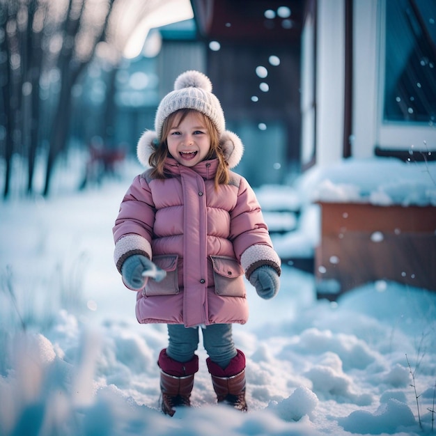 Een schattig klein meisje dat in de sneeuw speelt.