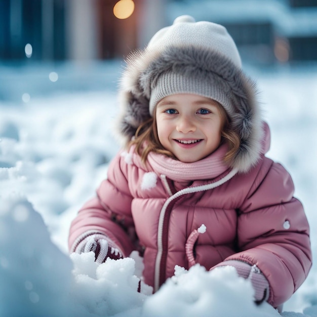 Een schattig klein meisje dat in de sneeuw speelt.