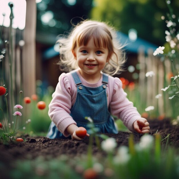 Een schattig klein meisje dat in de tuin speelt.