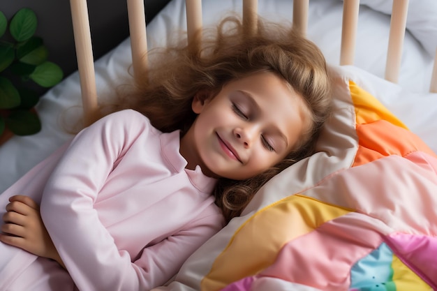 Een schattig klein meisje dat slaapt met speelgoed in haar bed.