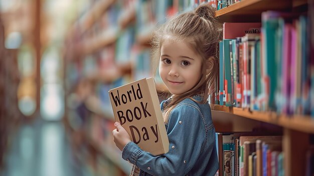 Een schattig klein meisje in de bibliotheek met een banier geschreven Wereld Boek Dag Generatieve AI
