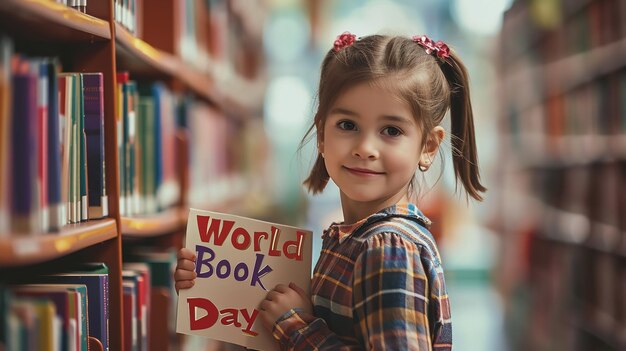 Een schattig klein meisje in de bibliotheek met een spandoek geschreven Wereldboekendag Generatieve AI