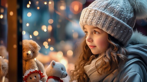 een schattig klein meisje in een gebreide hoed kijkt naar winkelvensters met kerstdecoratie in de winter