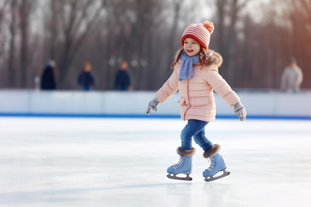 Een schattig klein meisje in winterkleding en een bobble hoed schaatsen op de ijsbaan