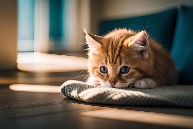 Een schattig klein rood kitten slaapt op een witte pels deken.