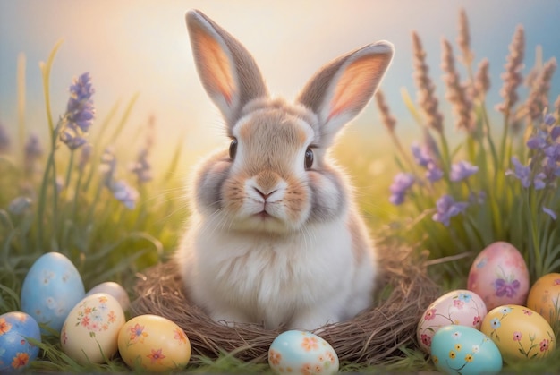 Een schattig konijn in een nest met kleurrijke paaseieren en voorjaarsgroen.