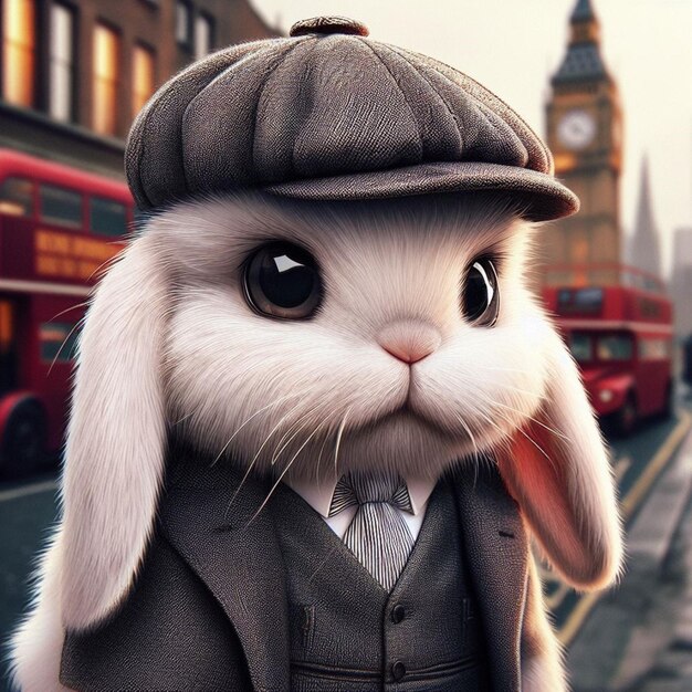 Een schattig konijn in een pak staat op straat.