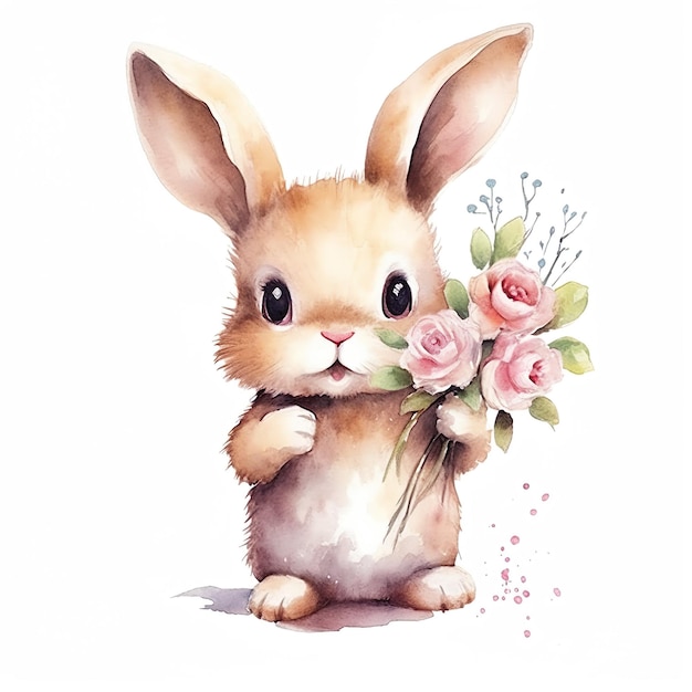 Foto een schattig konijn met bloemen aquarel clipart