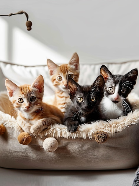 Foto een schattig kwartet van kittens in een gezellig bed.