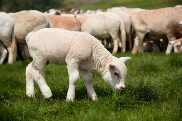 Een schattig lam graast vreedzaam te midden van een groene weide en een kudde.