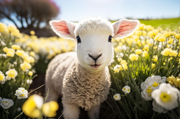 Een schattig lammetje van de babylente in een veld met lentebloemen Generatieve ai