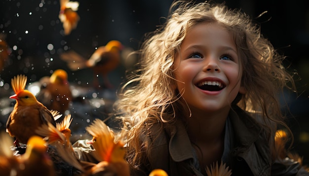 Een schattig meisje dat buiten speelt en glimlacht, omringd door de natuur gegenereerd door AI