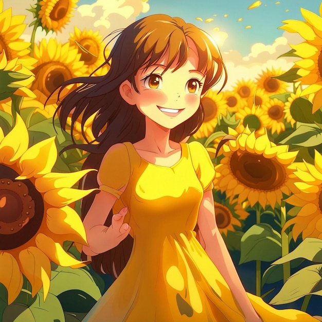 Een schattig meisje draagt een gele jurk en staat in een gele zonnebloemtuin.