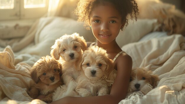 Foto een schattig meisje met een donkere huid zit op de bank in de woonkamer en houdt puppy's vast.