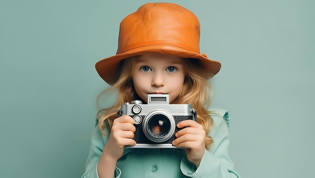 Een schattig meisje met een oranje hoed met een vintage camera geïsoleerd op een grijze AI.