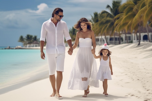 Een schattig meisje met haar ouders op het strand.