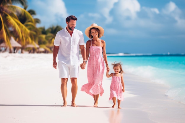 Een schattig meisje met haar ouders op het strand.