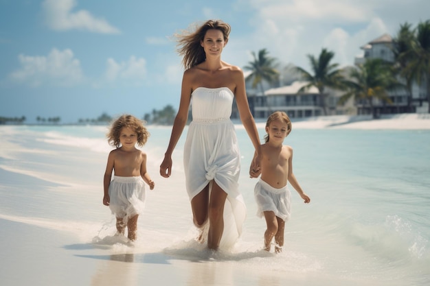 Een schattig meisje met haar ouders op het strand.