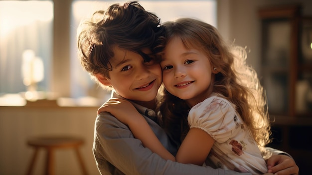 Een schattig meisje omhelst haar broer teder thuis uitdrukking van liefde warmte en de kostbare band die een huis een thuis maakt