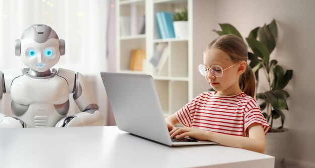 Een schattig meisje speelt met een robot Het concept van toekomstige training