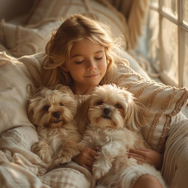 Een schattig meisje zit op de bank in de woonkamer en houdt puppy's in haar handen.