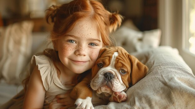 Een schattig meisje zit op de bank in de woonkamer en houdt puppy's in haar handen.