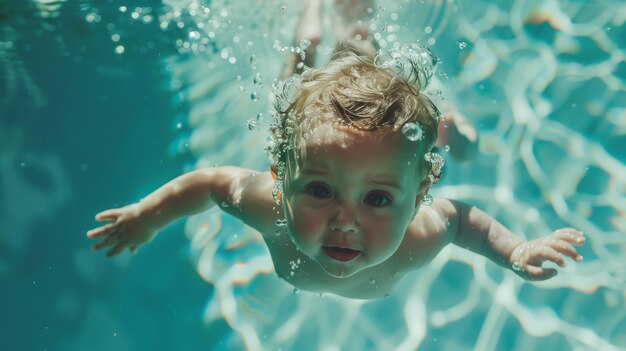 Foto een schattig meisje zwemt onder water in een zwembad op een zonnige zomerdag.