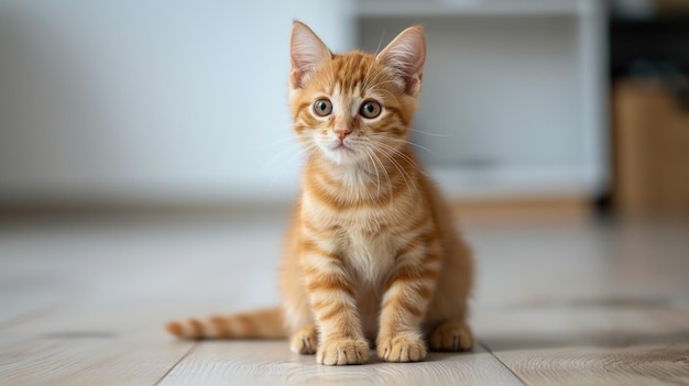 Een schattig oranje kitten vol nieuwsgierigheid.