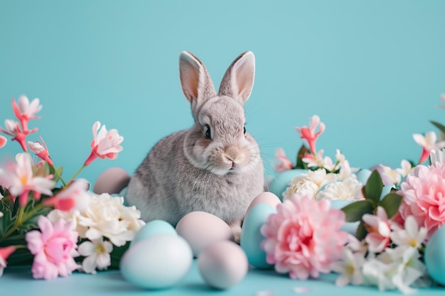 Een schattig paaskonijn omringd door pastelkleurige eieren en roze bloemen tegen een blauwe achtergrond