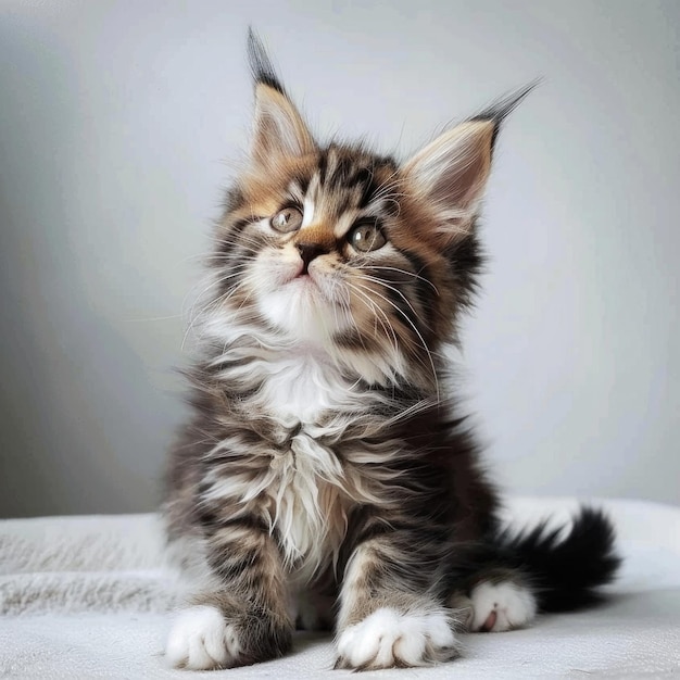 Een schattig pluizige Maine Coon kitten die poseert.