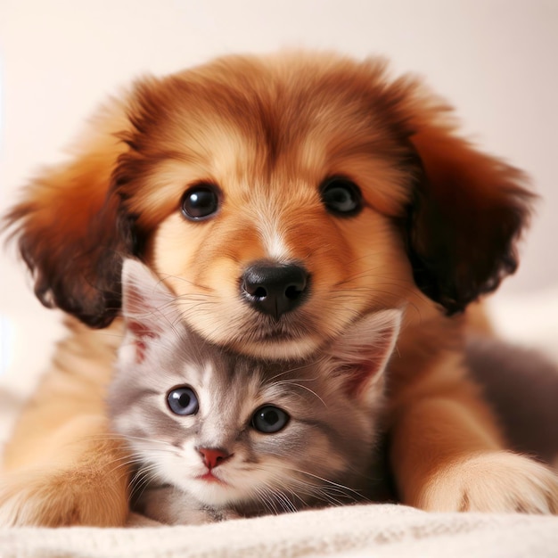 Een schattig puppy en een kitten liggen samen in een liefdevolle omhelzing.