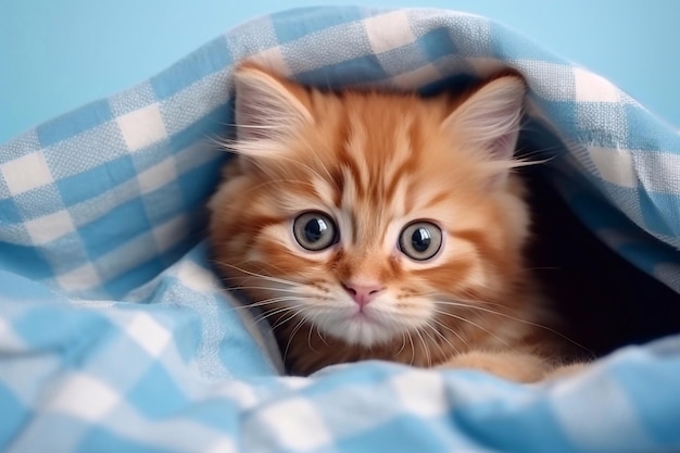 een schattig rood kitten op een blauwe achtergrond is gewikkeld in een beige plaid een pluizige kitten kijkt in de c